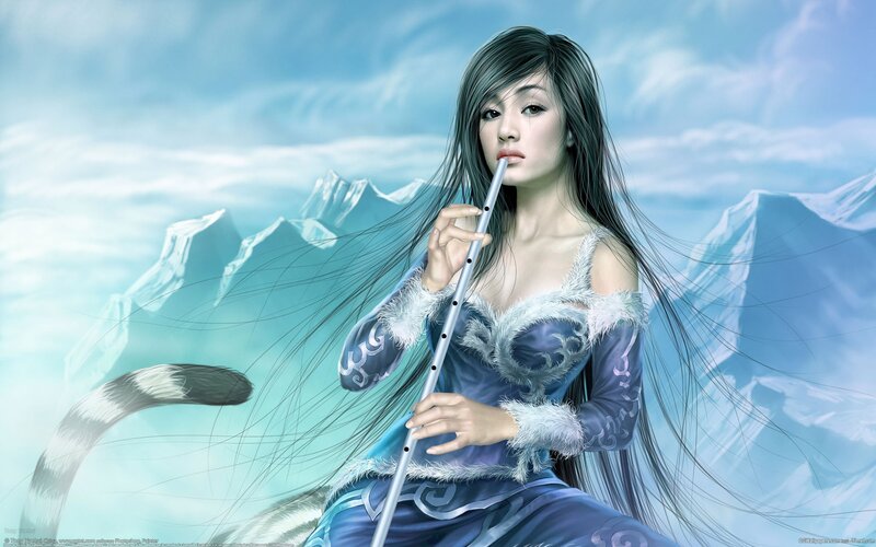 woman playing flute in snowy landscape