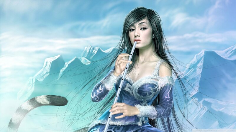 woman playing flute in snowy landscape