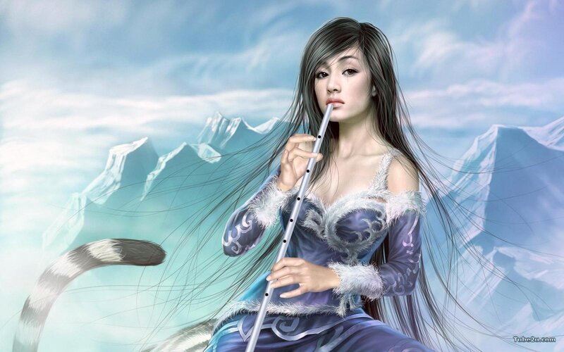 woman playing flute in snowy landscape