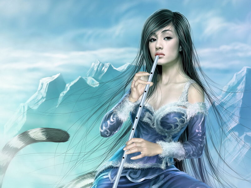 woman playing flute in snowy landscape