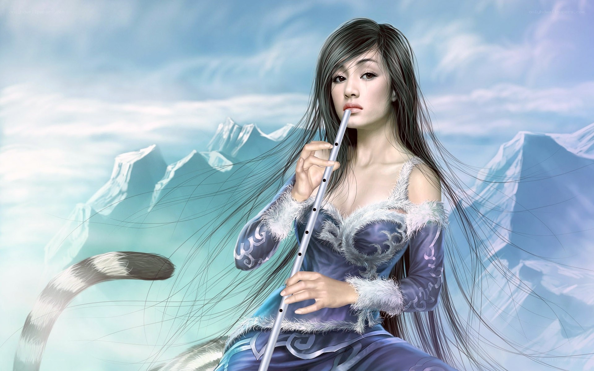woman playing flute in snowy landscape