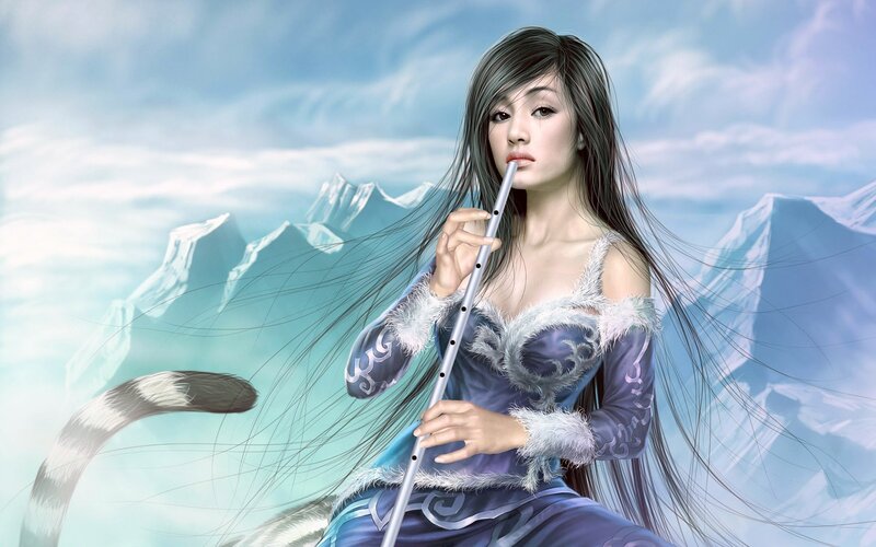 woman playing flute in snowy mountains