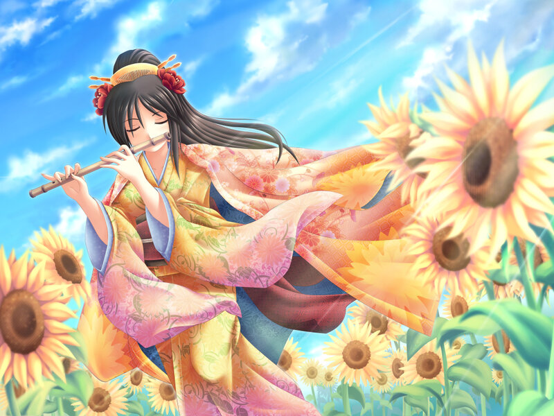 Woman playing flute in sunflower field