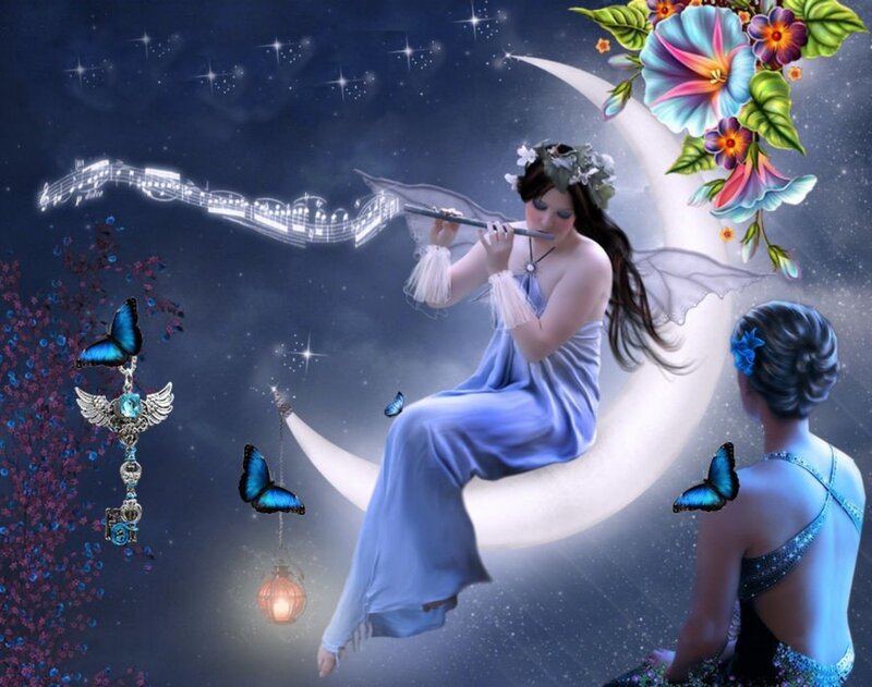 Woman Playing Flute on Moon — Blue, Serene
