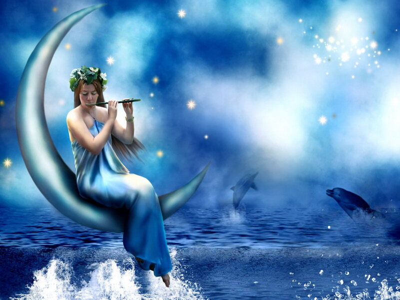 Woman Playing Flute on Moon — Blue