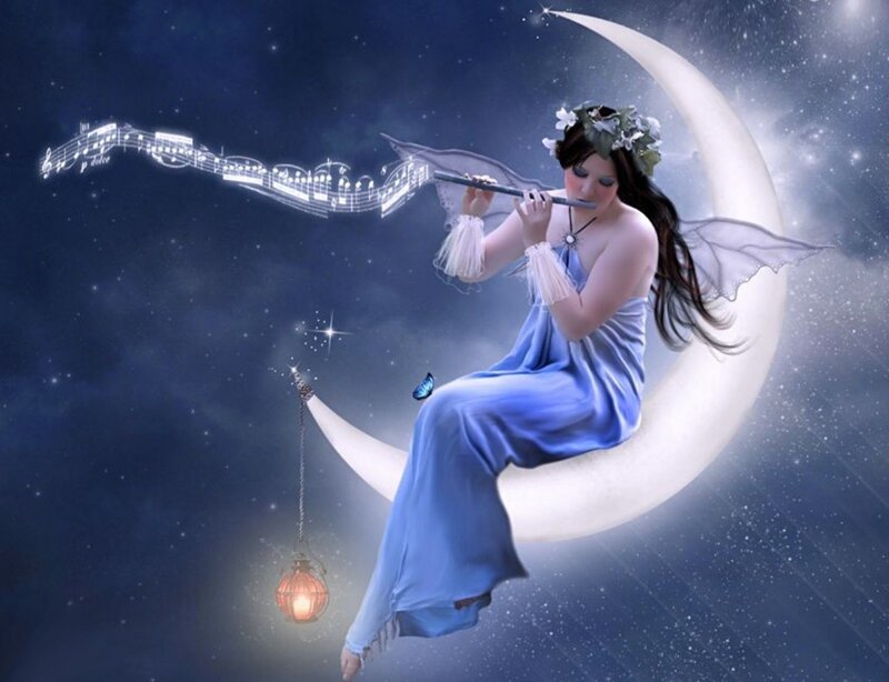 Woman Playing Flute on Moon