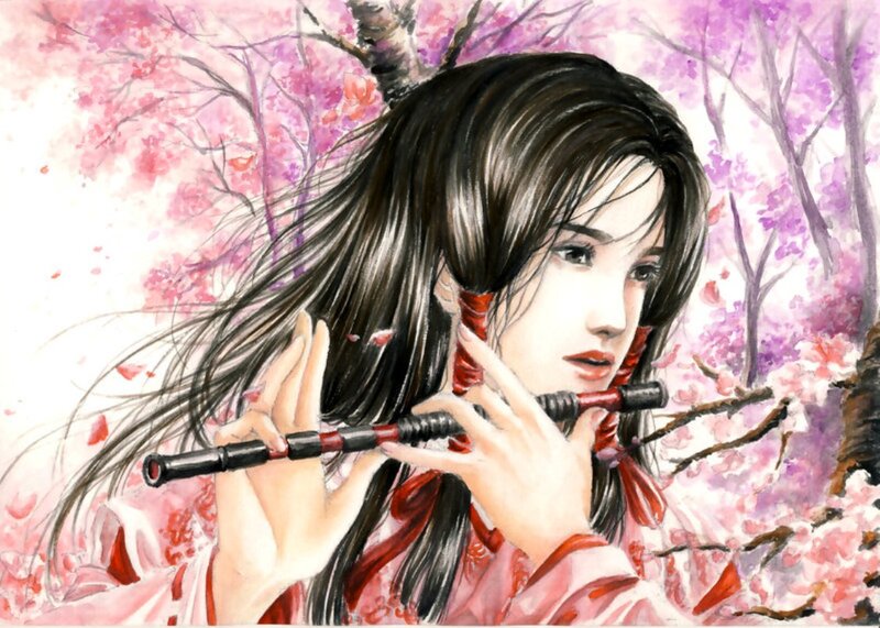 Woman Playing Flute — Pink, Serene, Spring, Digital Art