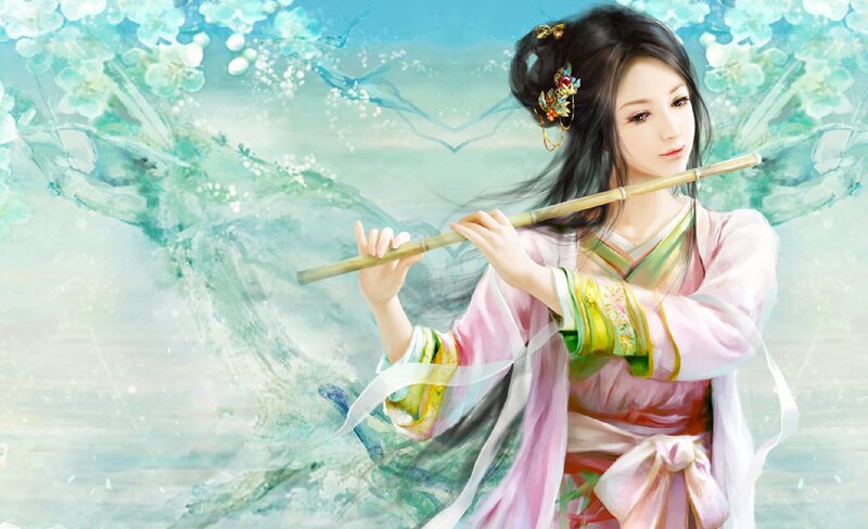Woman Playing Flute — Pink, Serene, Spring
