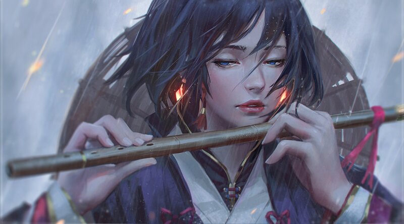 Woman Playing Flute — Purple, Dramatic, Digital Art