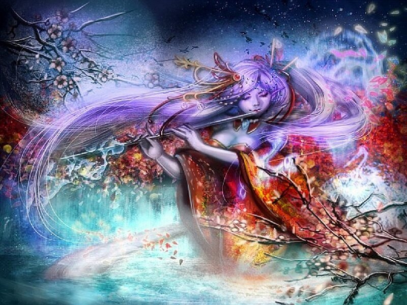 Woman Playing Flute — Purple, Dreamy
