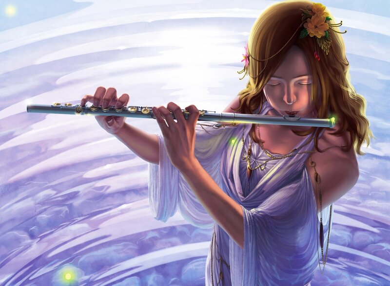 Woman Playing Flute — Purple, Serene, Digital Art, Flowers