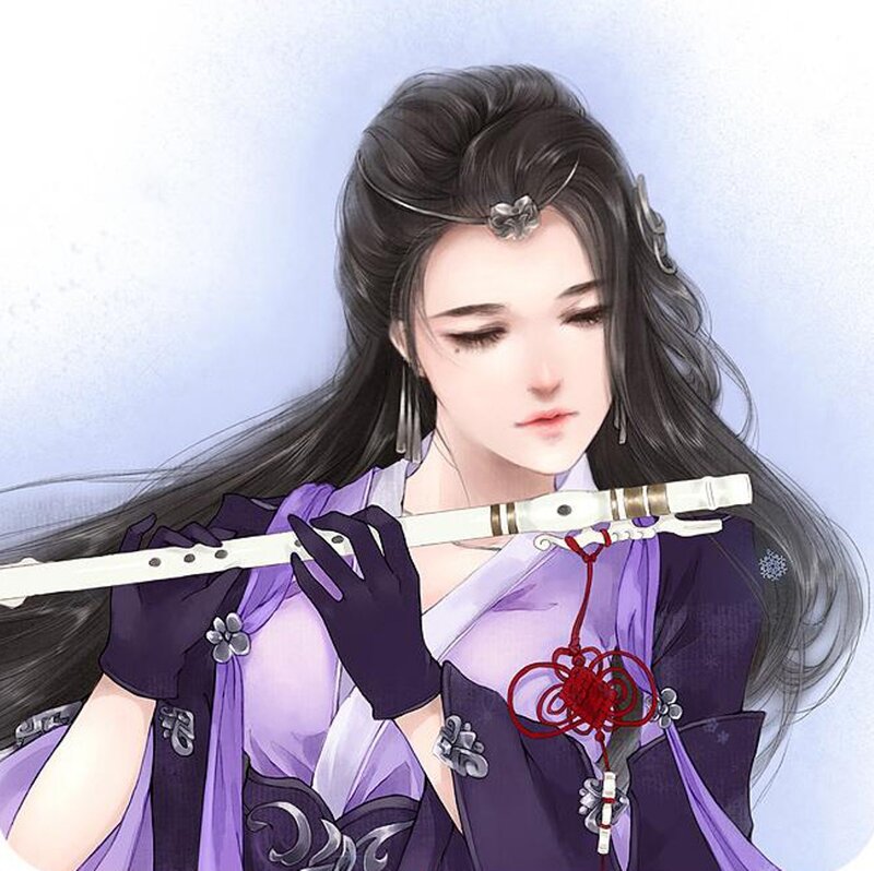 Woman Playing Flute — Purple, Serene, Digital Art, Gloves