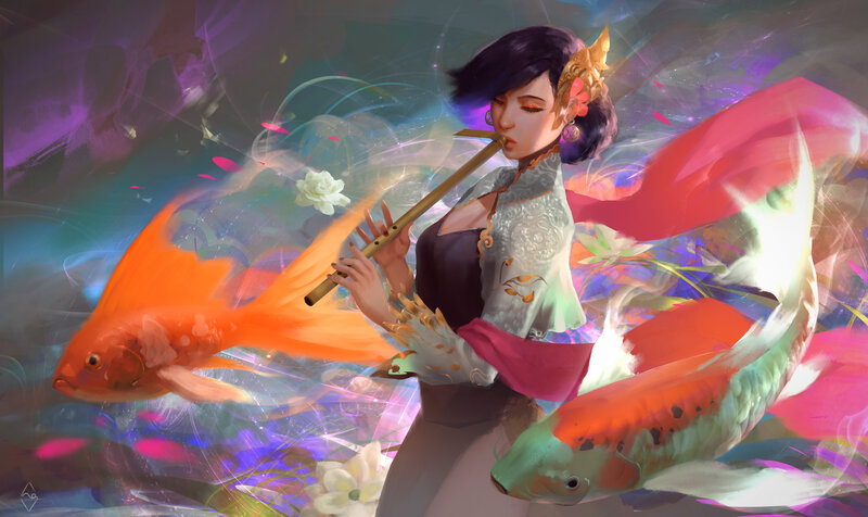 Woman Playing Flute — Purple, Serene, Digital Art, Koi Fish