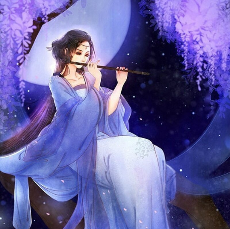 Woman Playing Flute — Purple, Serene, Night