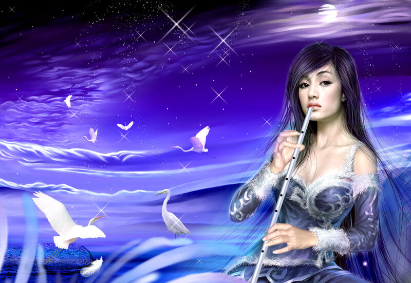 Woman Playing Flute — Purple, Serene