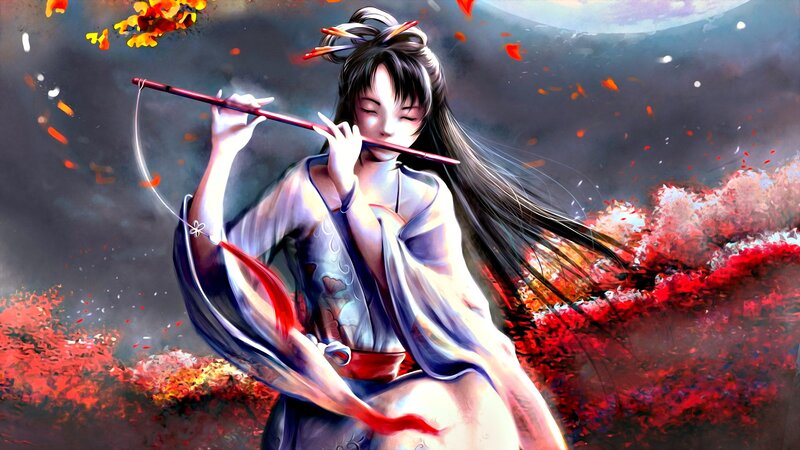 Woman Playing Flute — Red, Dramatic, Autumn