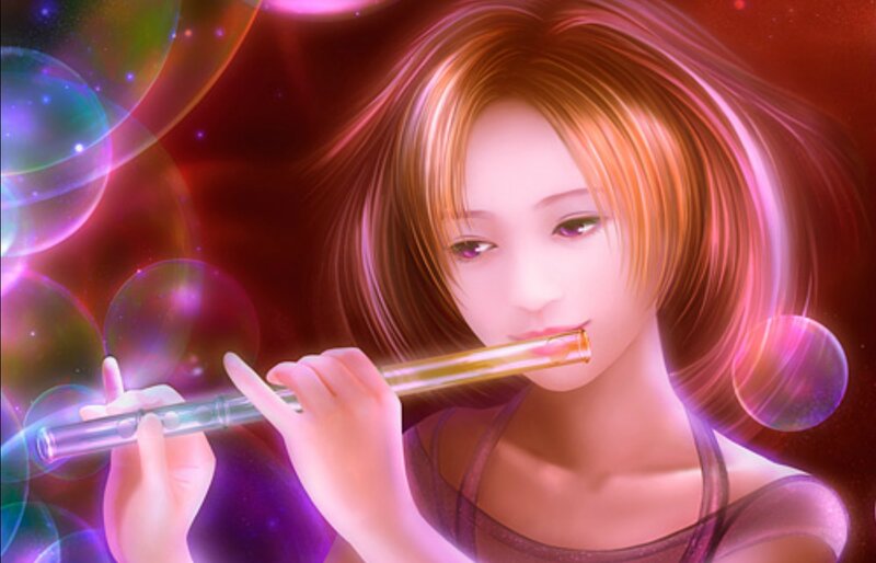 Woman Playing Flute — Red, Dreamy
