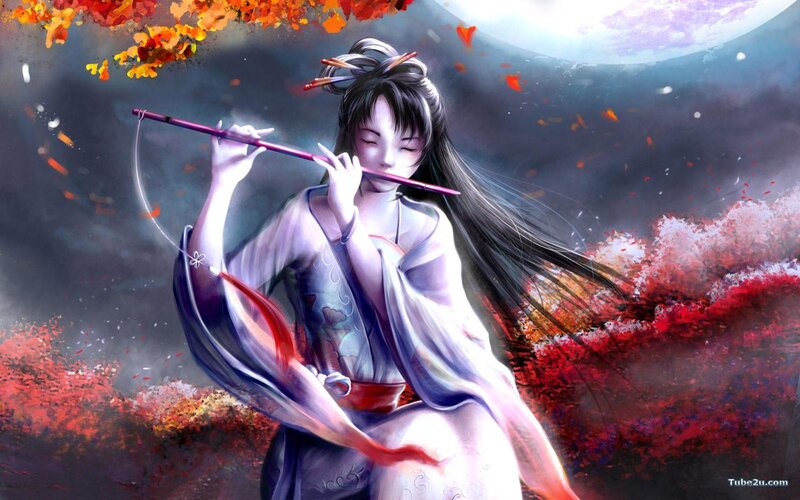 Woman Playing Flute — Red, Serene
