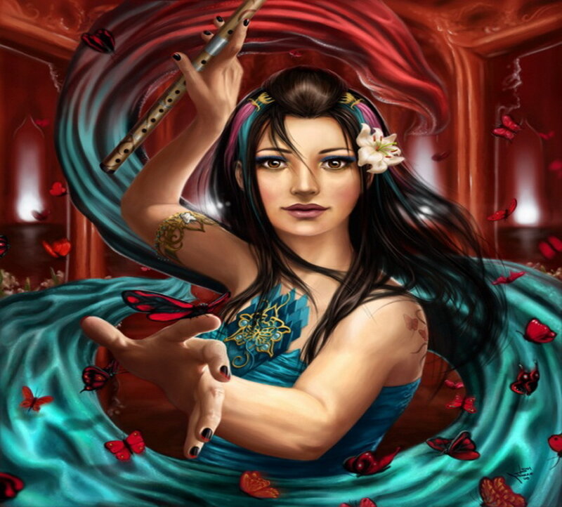 Woman Playing Flute — Teal