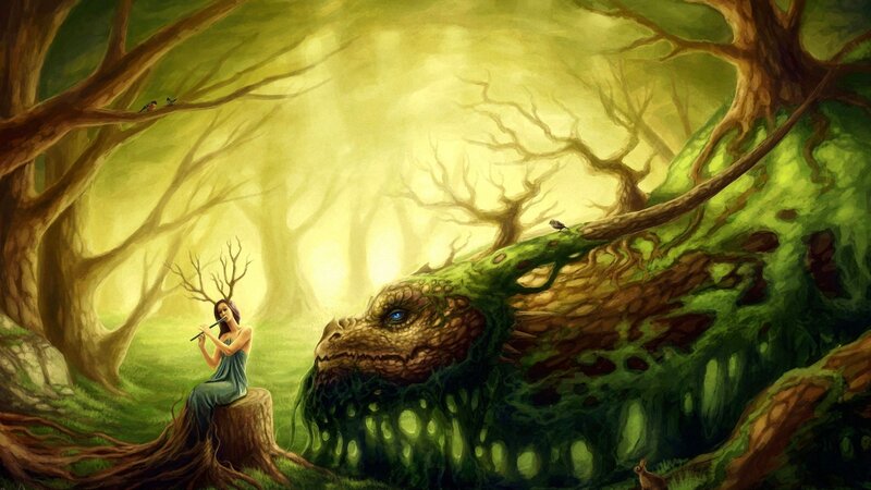 Woman Playing Flute to Dragon