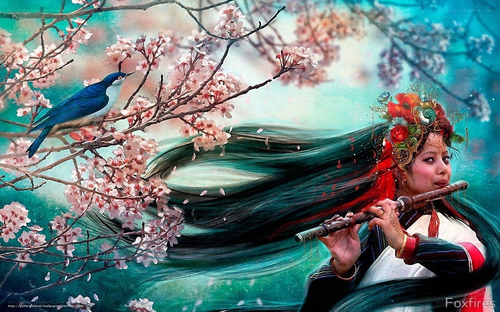 woman playing flute under cherry blossoms