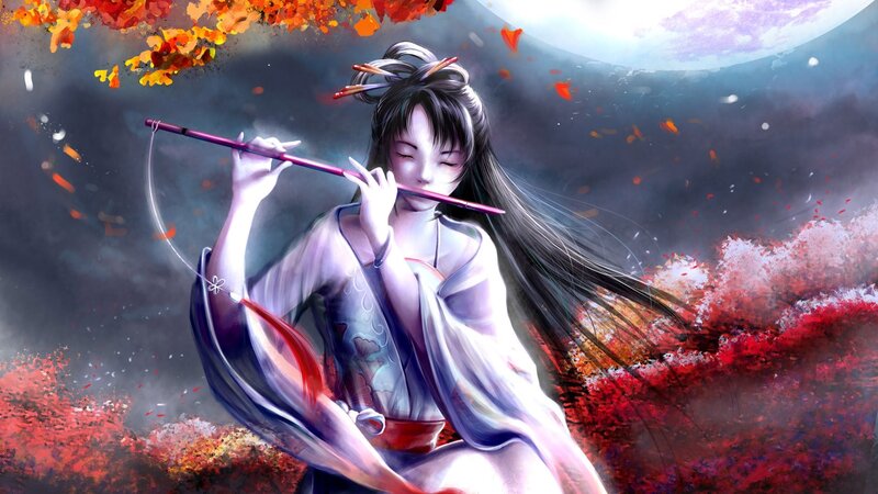 Woman Playing Flute — White, Dramatic, Night, Digital Art