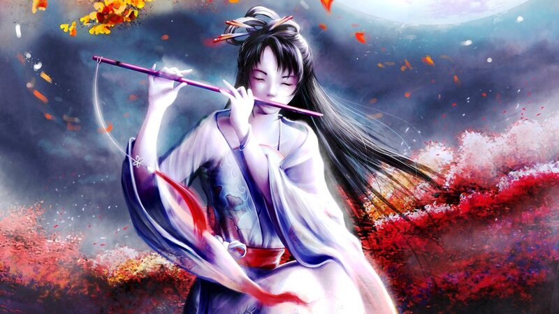 Woman Playing Flute — White, Dramatic