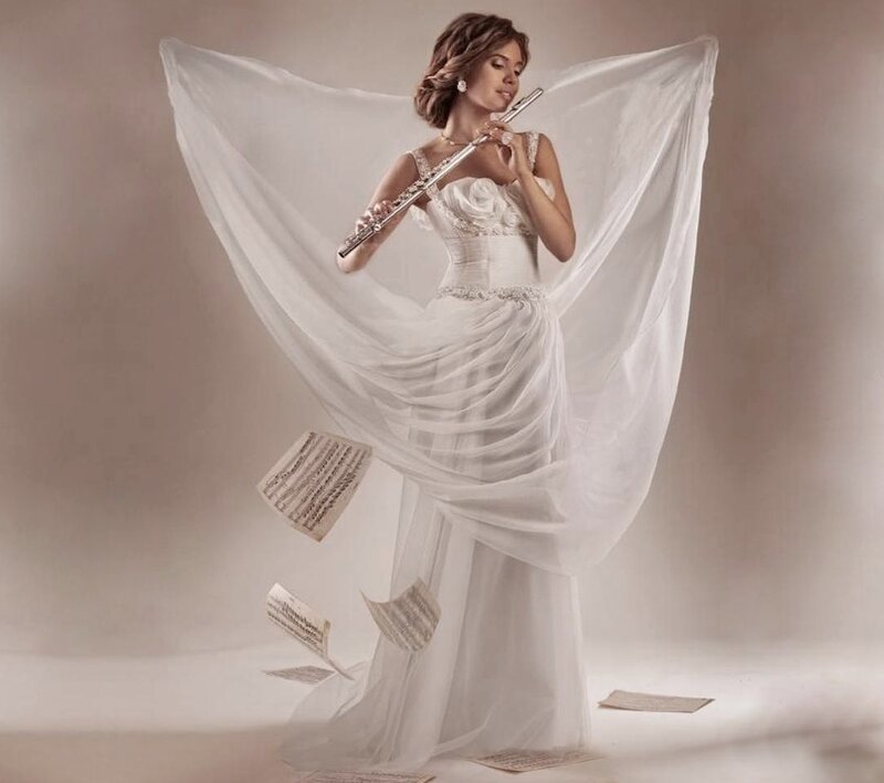 Woman Playing Flute — White, Serene
