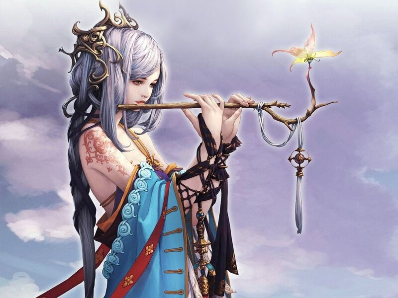 Woman playing flute with butterfly