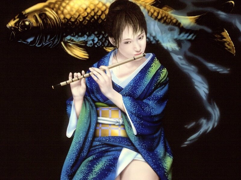 Woman playing flute with koi fish