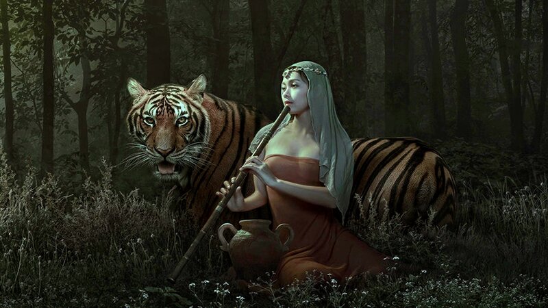 Woman Playing Flute with Tiger