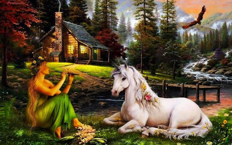 Woman Playing Flute with Unicorn