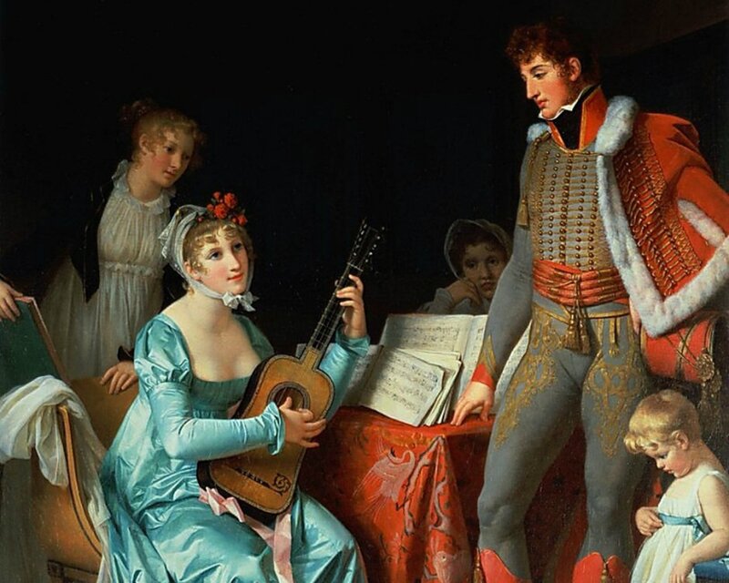 Woman Playing Guitar — Blue, Dramatic, Painting
