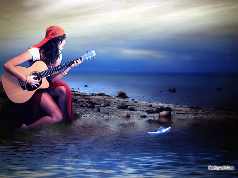 Woman Playing Guitar — Blue, Dramatic