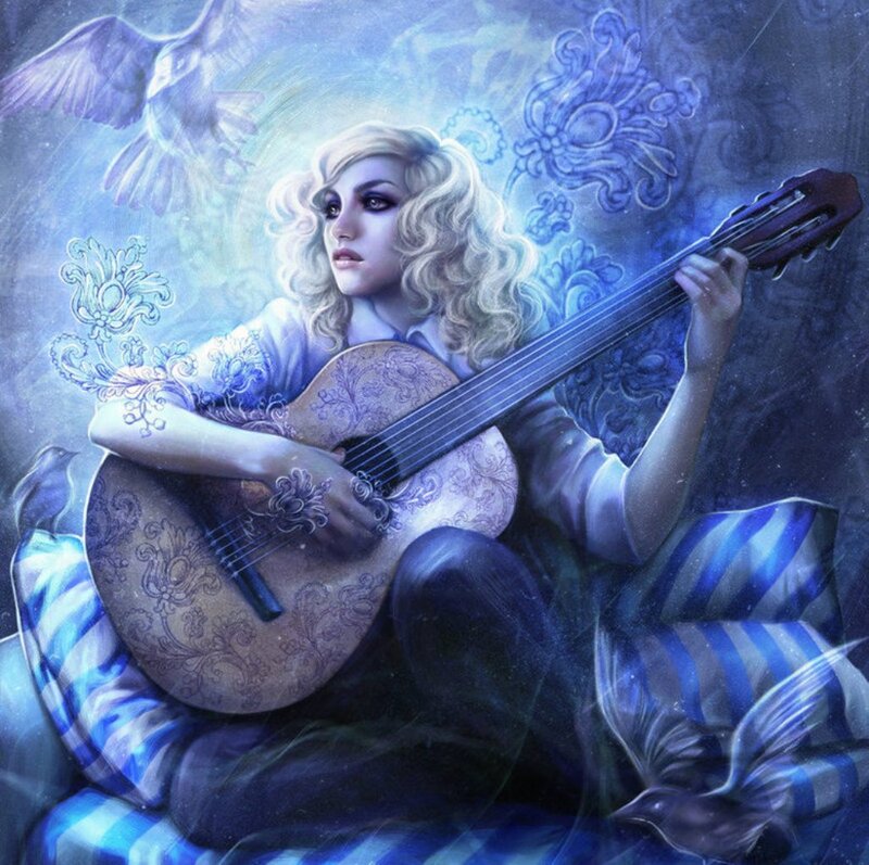 Woman Playing Guitar — Blue, Dreamy