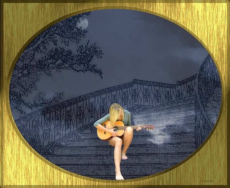 Woman Playing Guitar — Blue