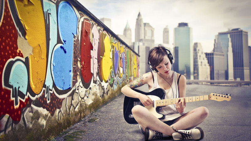 Woman Playing Guitar — Blue, Urban
