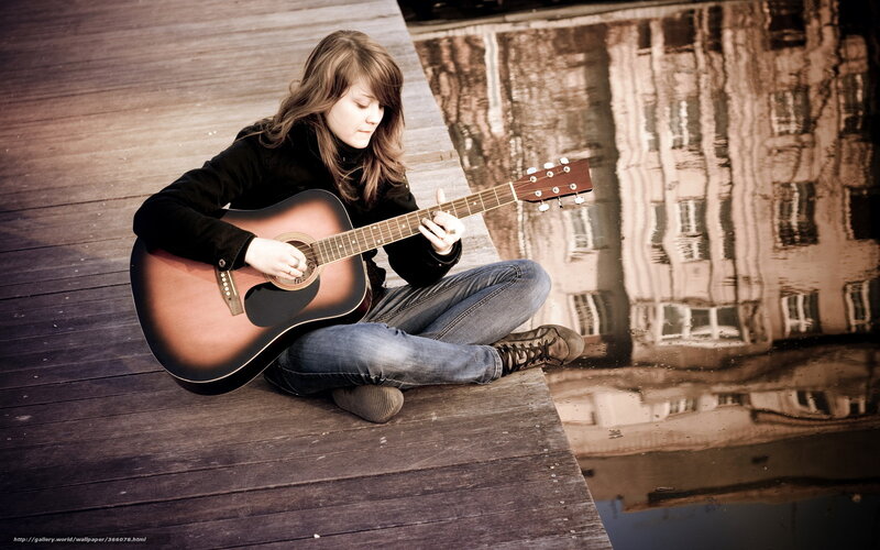 Woman Playing Guitar — Brown, Calm, Sunset
