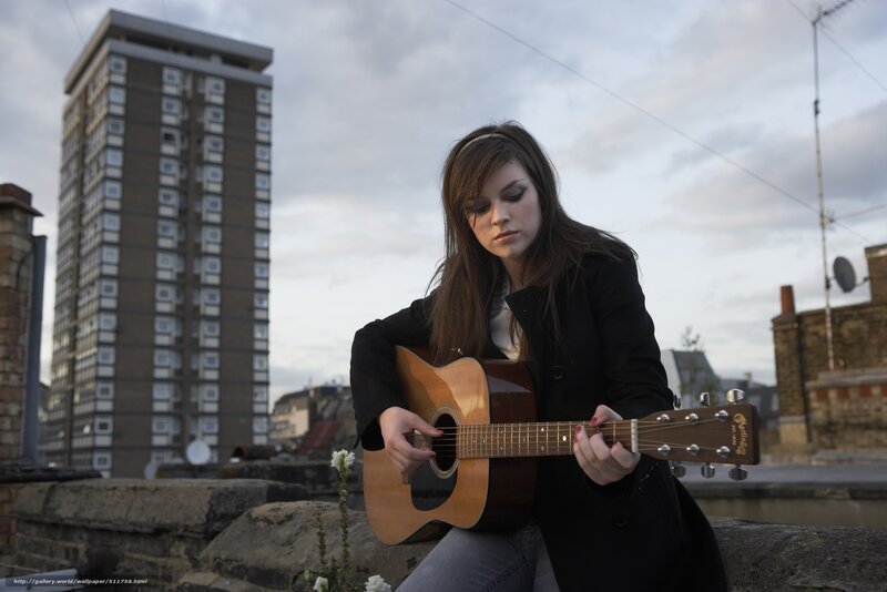 Woman Playing Guitar — Brown, Contemplative