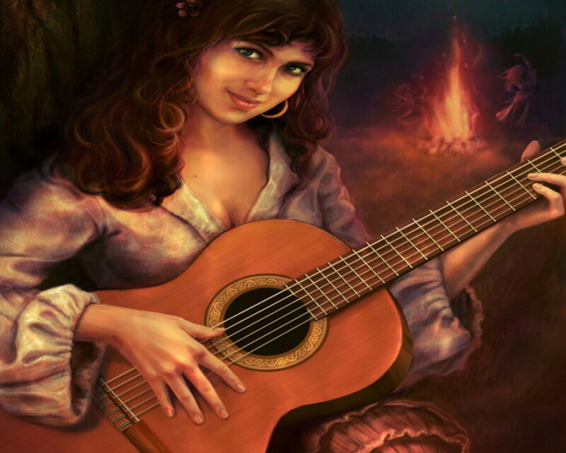 Woman Playing Guitar — Brown, Dramatic