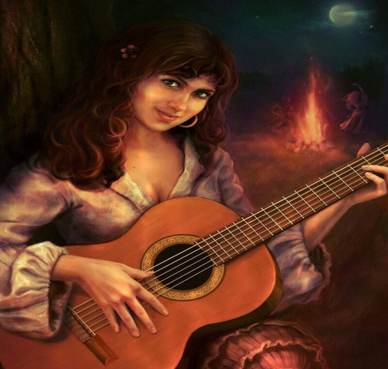 Woman Playing Guitar — Brown, Serene