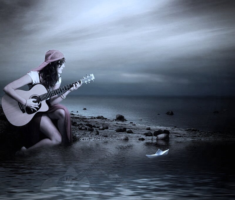 Woman Playing Guitar — Gray
