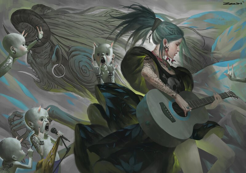 Woman Playing Guitar — Green, Dramatic, Digital Art, Demons