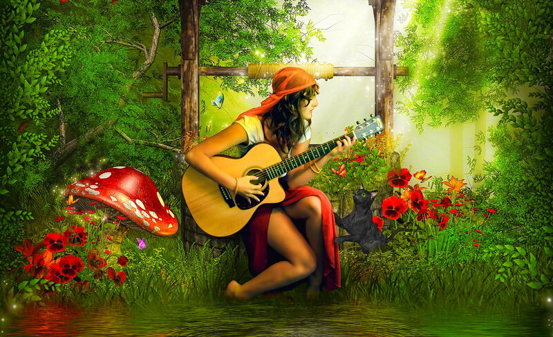 Woman Playing Guitar — Green, Serene, Afternoon, Digital Art, Cat