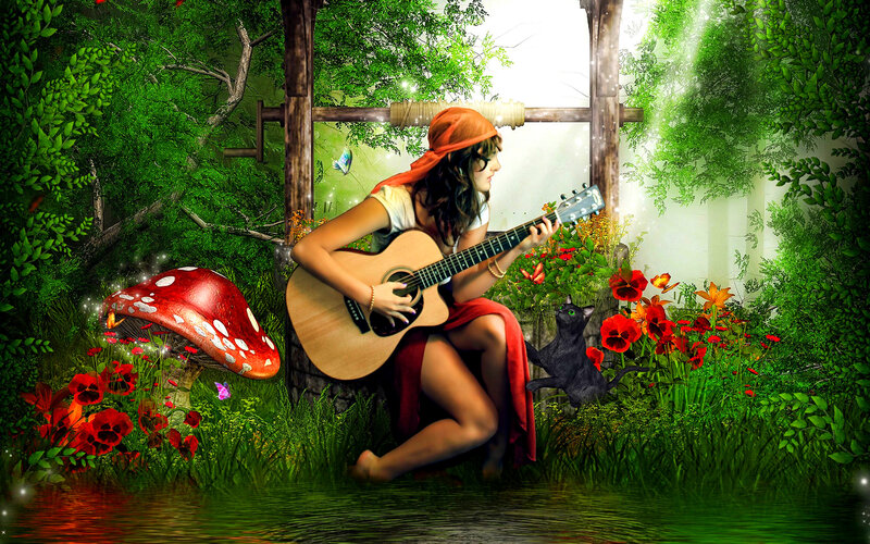 Woman Playing Guitar — Green, Serene, Afternoon, Digital Art