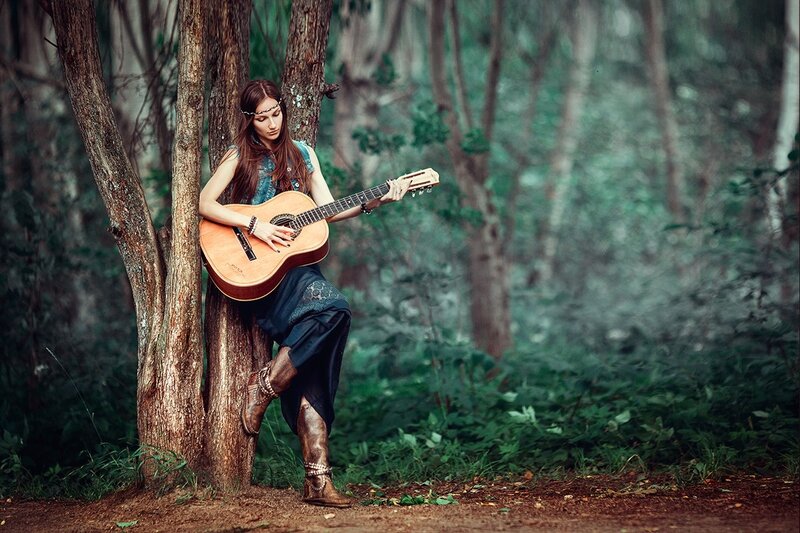 Woman Playing Guitar — Green, Serene, Afternoon, Photograph, Trees