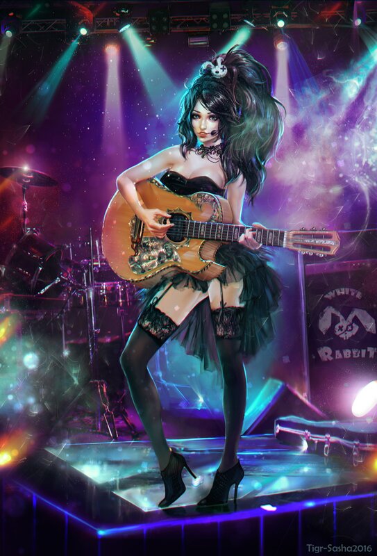 Woman Playing Guitar on Stage — Purple