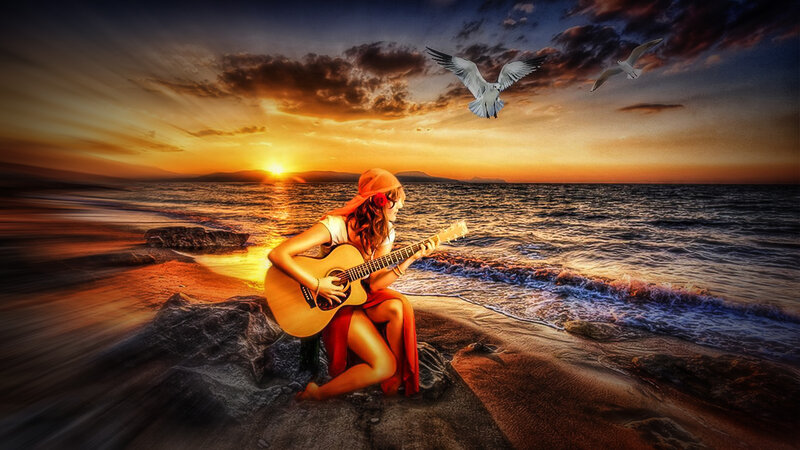 Woman Playing Guitar — Orange, Dramatic