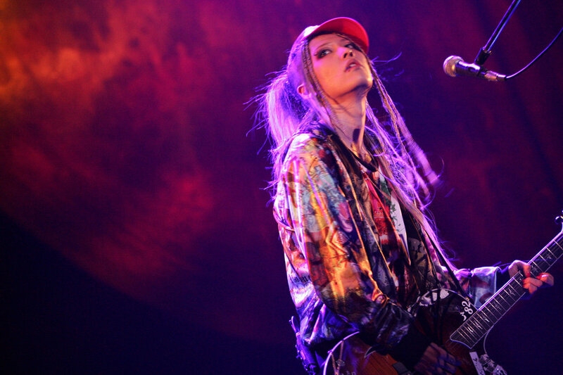 Woman Playing Guitar — Purple, Dramatic, Night, Photograph, Microphone