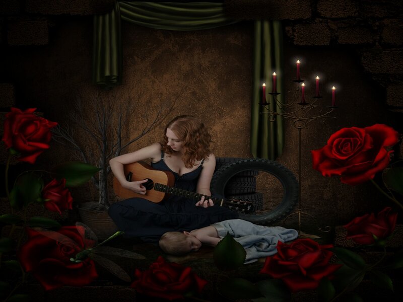 Woman Playing Guitar — Red, Dramatic, Night